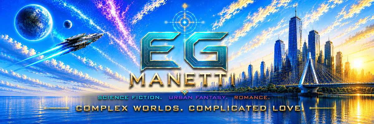 EG Manetti author brand header featuring a futuristic city skyline, spacecraft, and branding for award-winning science fiction and urban fantasy romance.