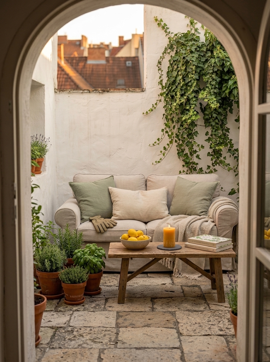 A beautifully designed courtyard garden styled like an interior living space, with linen furniture, stone floors, and climbing ivy — illustrating how an outdoor living space can feel as intentional and comfortable as any room indoors.