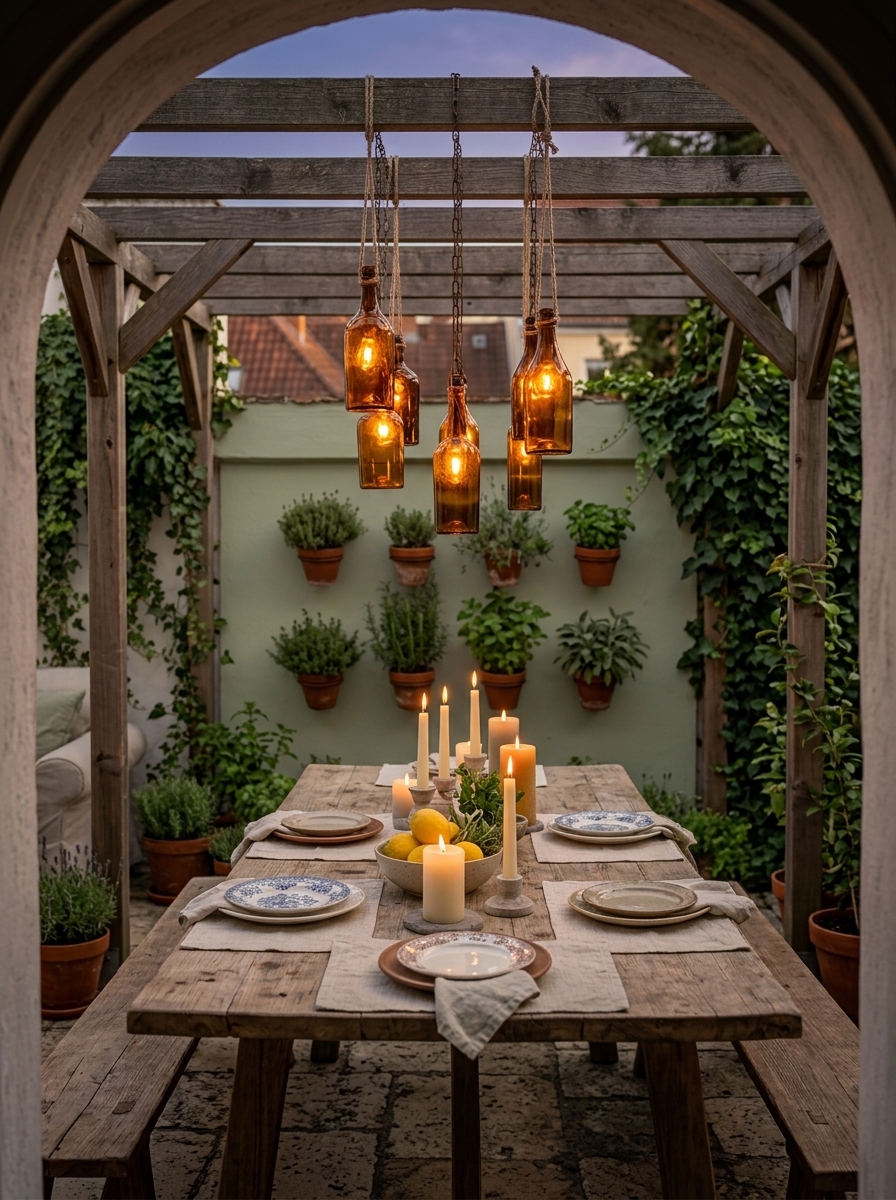 A garden dining area at dusk lit by DIY bottle lanterns, demonstrating practical outdoor lighting ideas and garden decor projects that create atmosphere without specialist skills or large budgets.