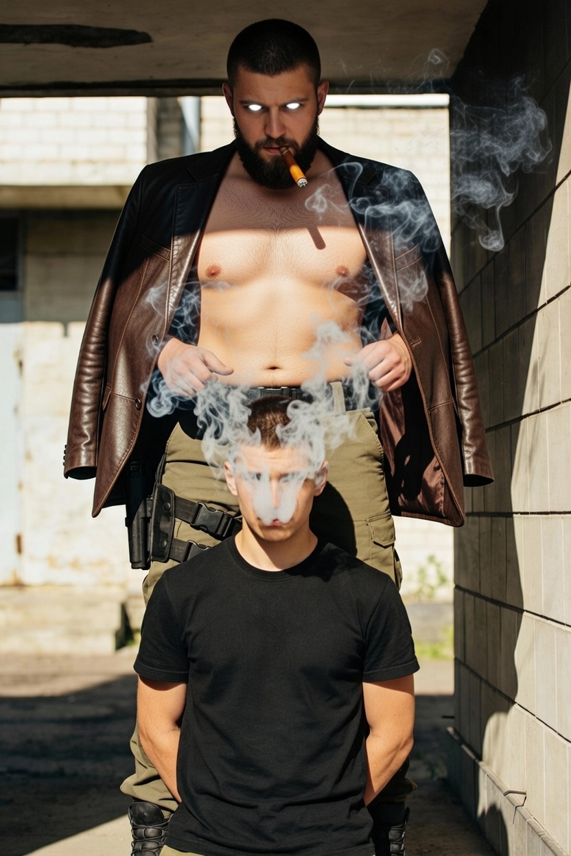Tall bearded shirtless Master sporting red brown leather blazer smoking cigar rubbing manipulated dudes head with hypnosmoke