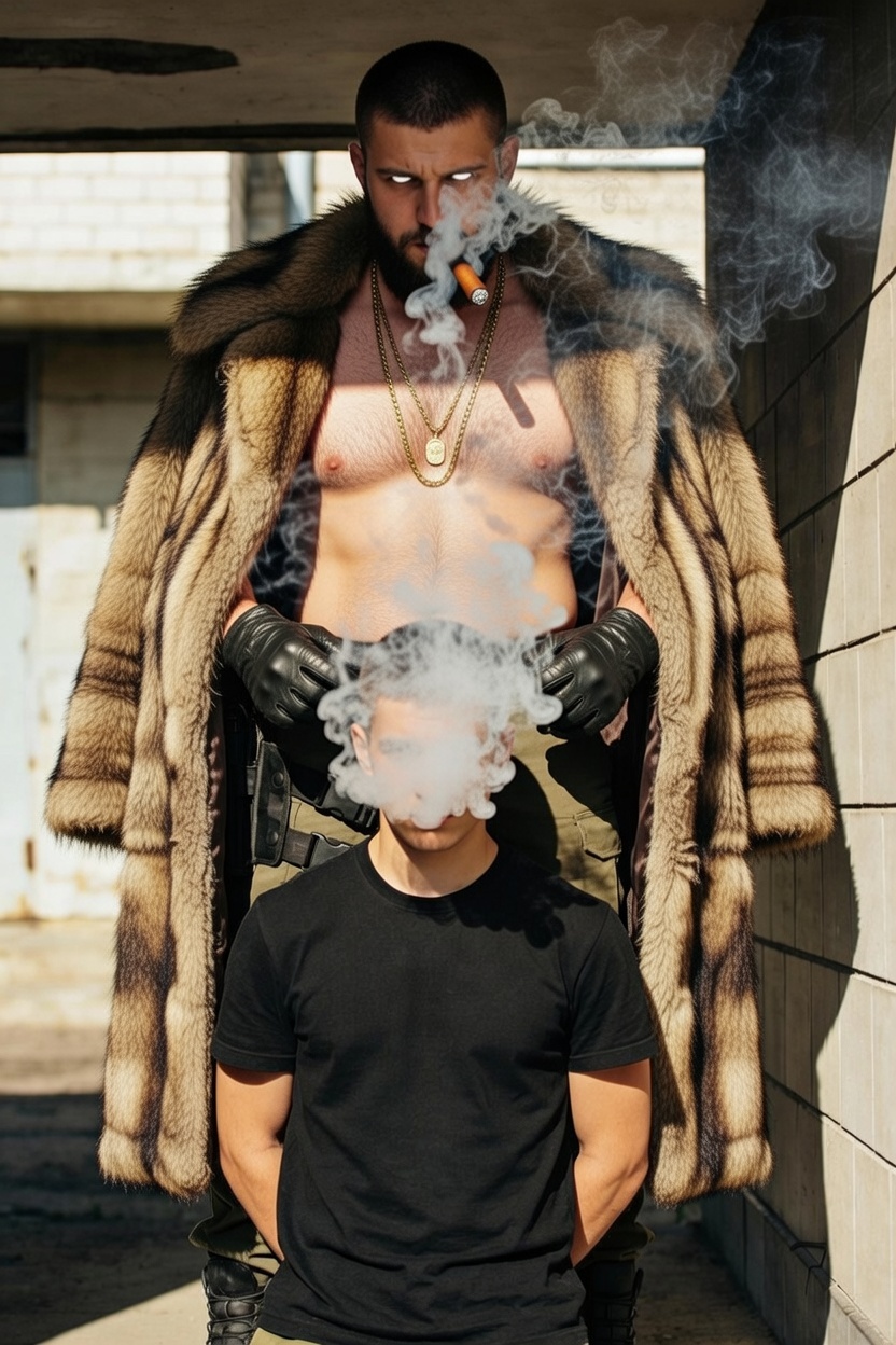 Tall bearded shirtless Master in fur coat smoking cigar massaging brainwashed mans head with hypnosmoke