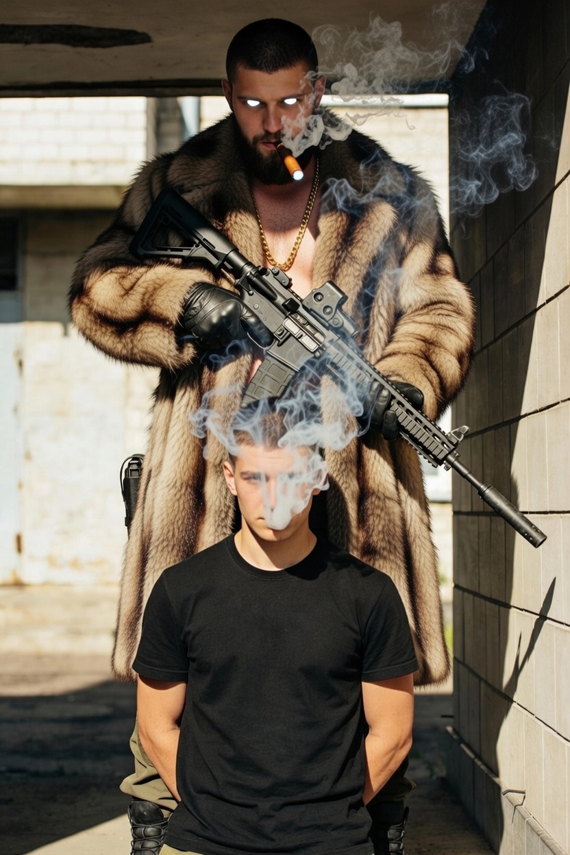 Tall bearded shirtless Master in fur coat smoking cigar with gun at hypnosmoke mans head with hypnosmoke