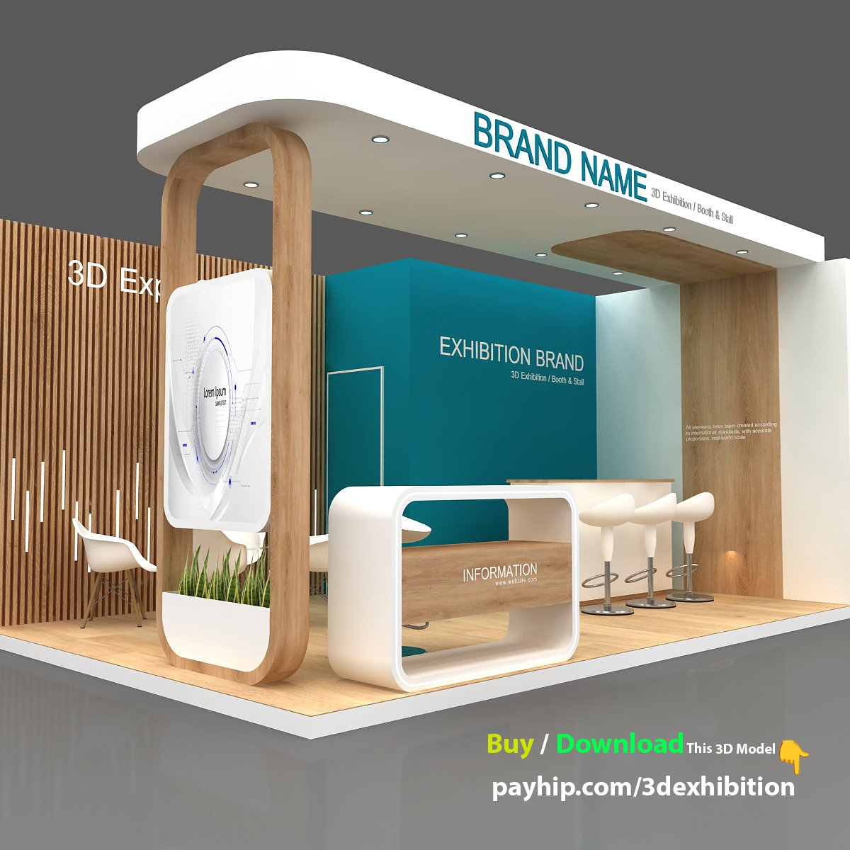 This high-quality 3D exhibition booth model is designed for modern trade shows, expos, and event presentations. The model is fully detailed and optimized for rendering, making it ideal for architects, 3D designers, and exhibition stand builders.