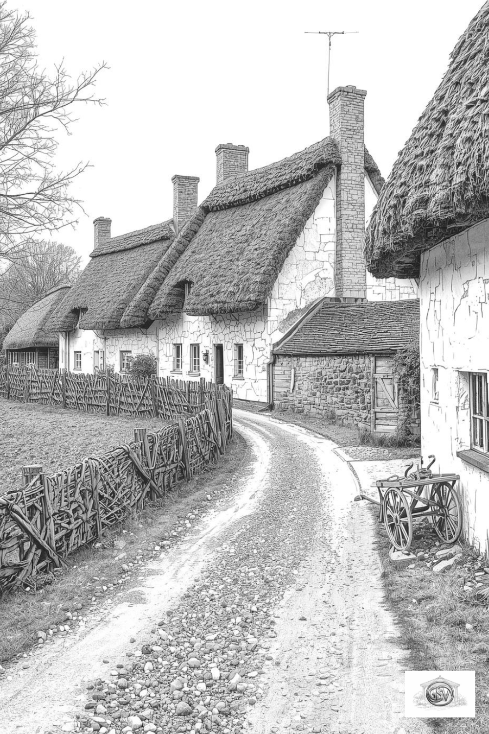 Grayscale coloring page of a row of thatched-roof stone cottages along a winding gravel village lane, with a wooden cart and woven fences in the foreground.