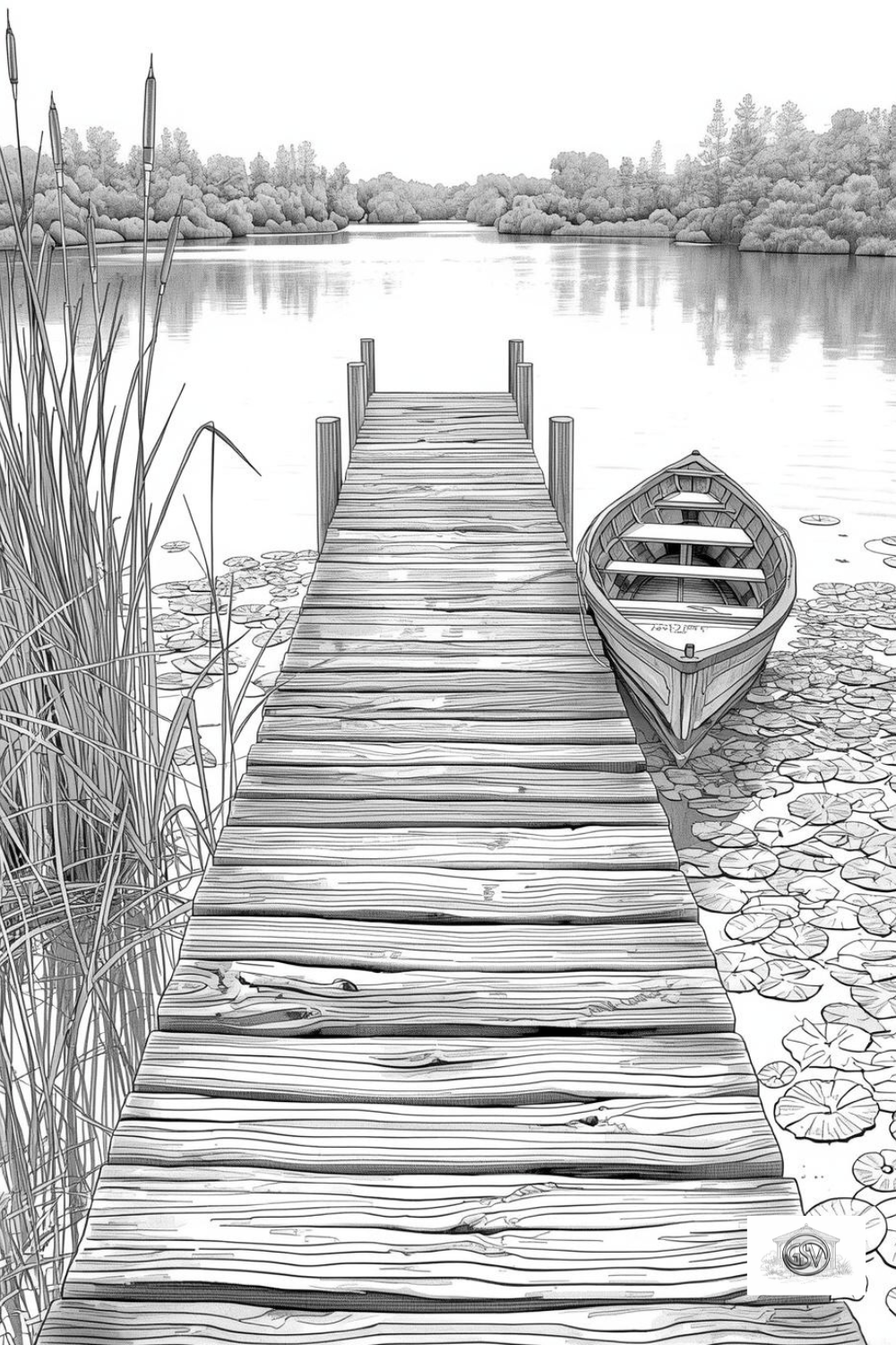 Grayscale coloring page of a weathered wooden dock leading to a rowboat on a calm lake, surrounded by reeds and water lilies.