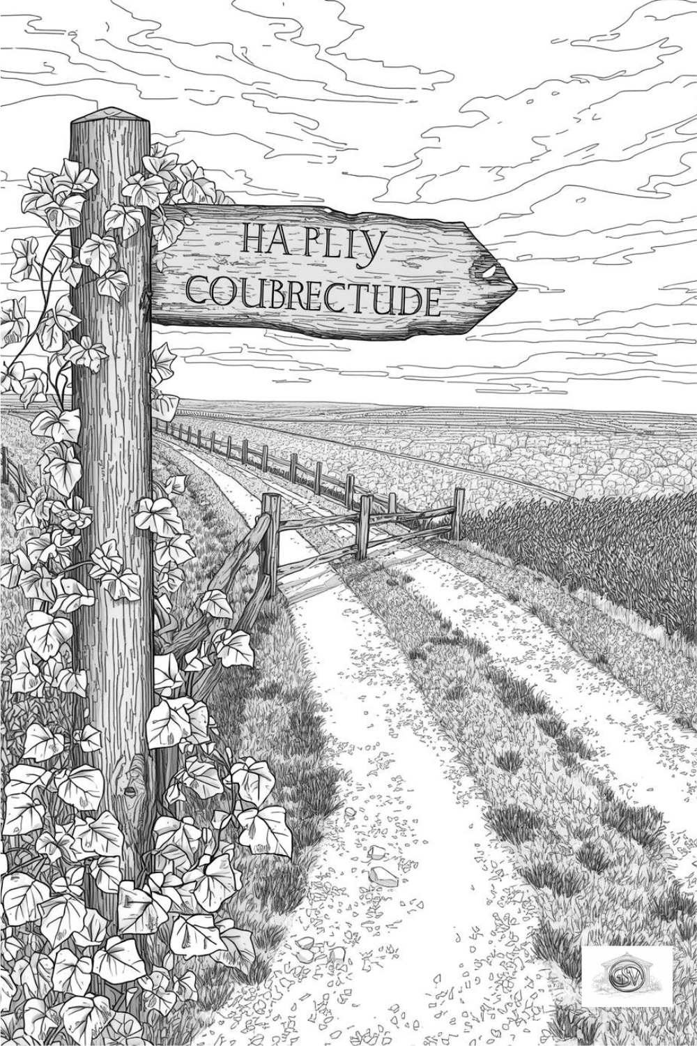 Grayscale coloring page of an ivy-covered wooden signpost beside a country path running between wooden fences and open farmland.
