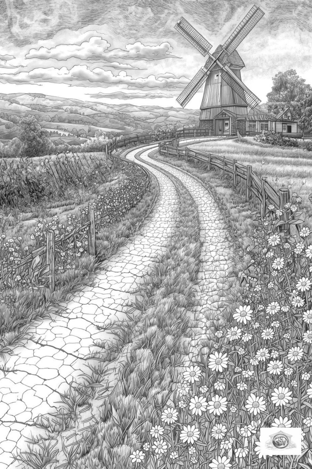 Grayscale coloring page of an old windmill on a hilltop, reached by a winding cobblestone path lined with wildflowers and wooden fences.