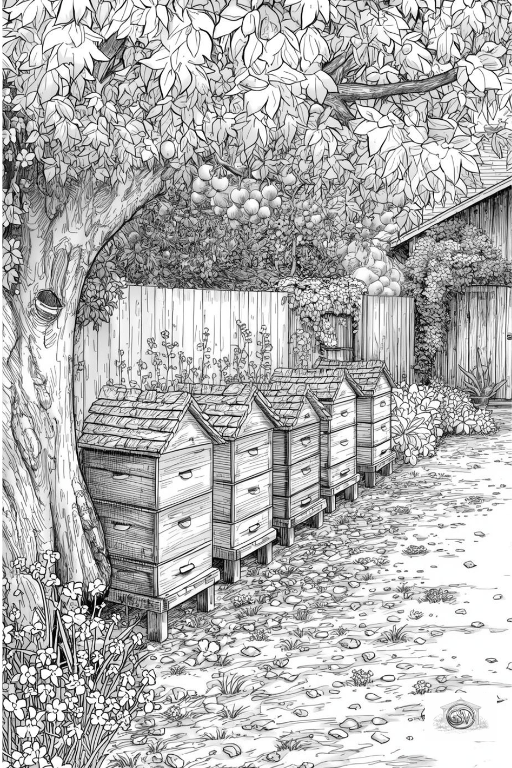 Grayscale coloring page of a row of wooden beehives beneath a fruit tree, set against a wooden fence and garden flowers.