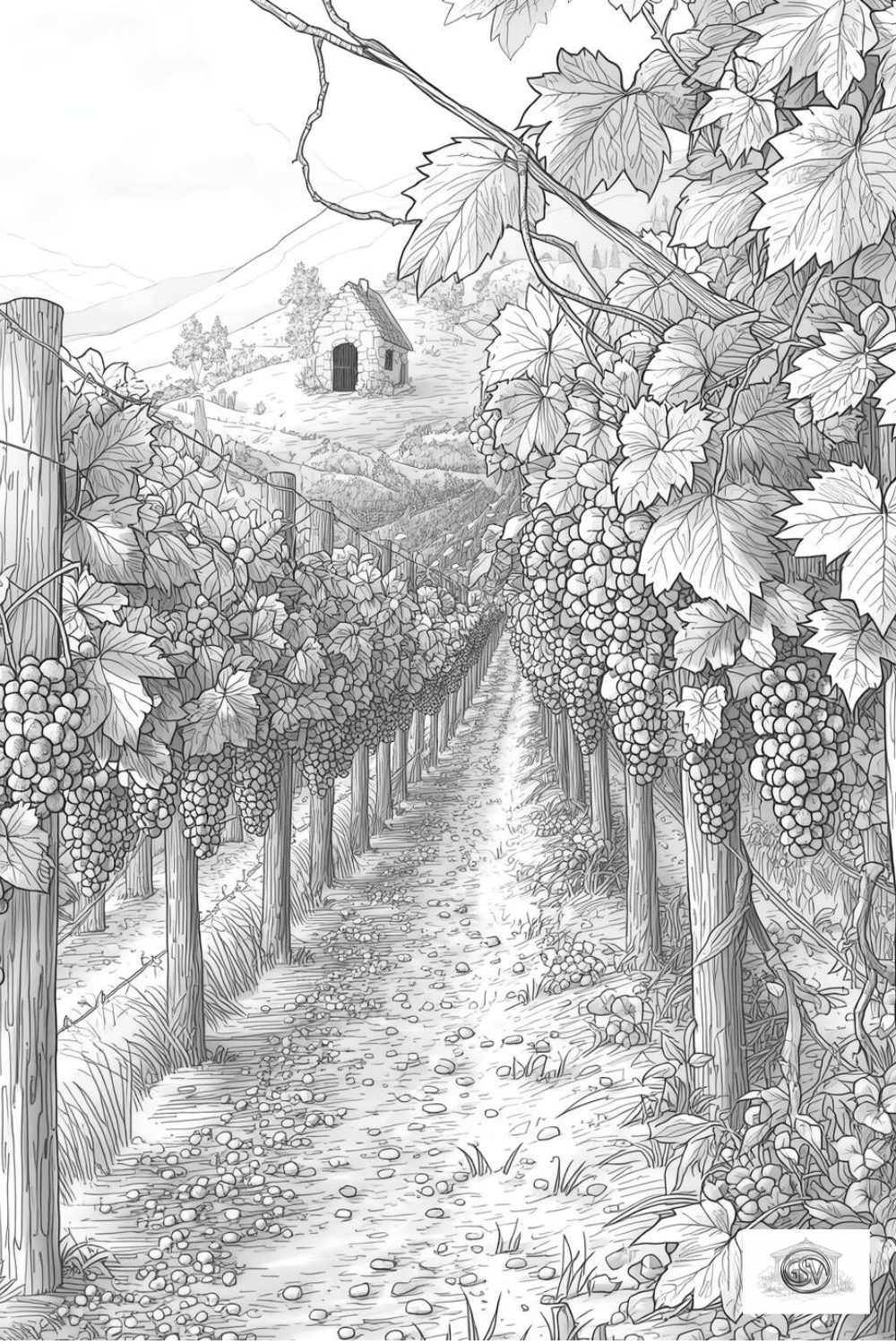 Grayscale coloring page of a gravel path through a vineyard heavy with grapes, leading toward a small stone cottage in the rolling hills.