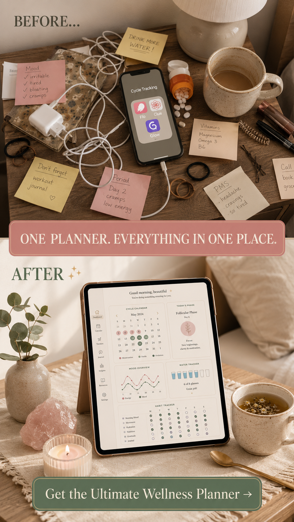 wellness planner, cycle tracker, period tracker, hormone balance, cycle syncing, self care routine, habit tracker, mood tracker, soft girl era, women's wellness, holistic wellness, mindfulness planner, gratitude journal, daily wellness, healthy habits, gl