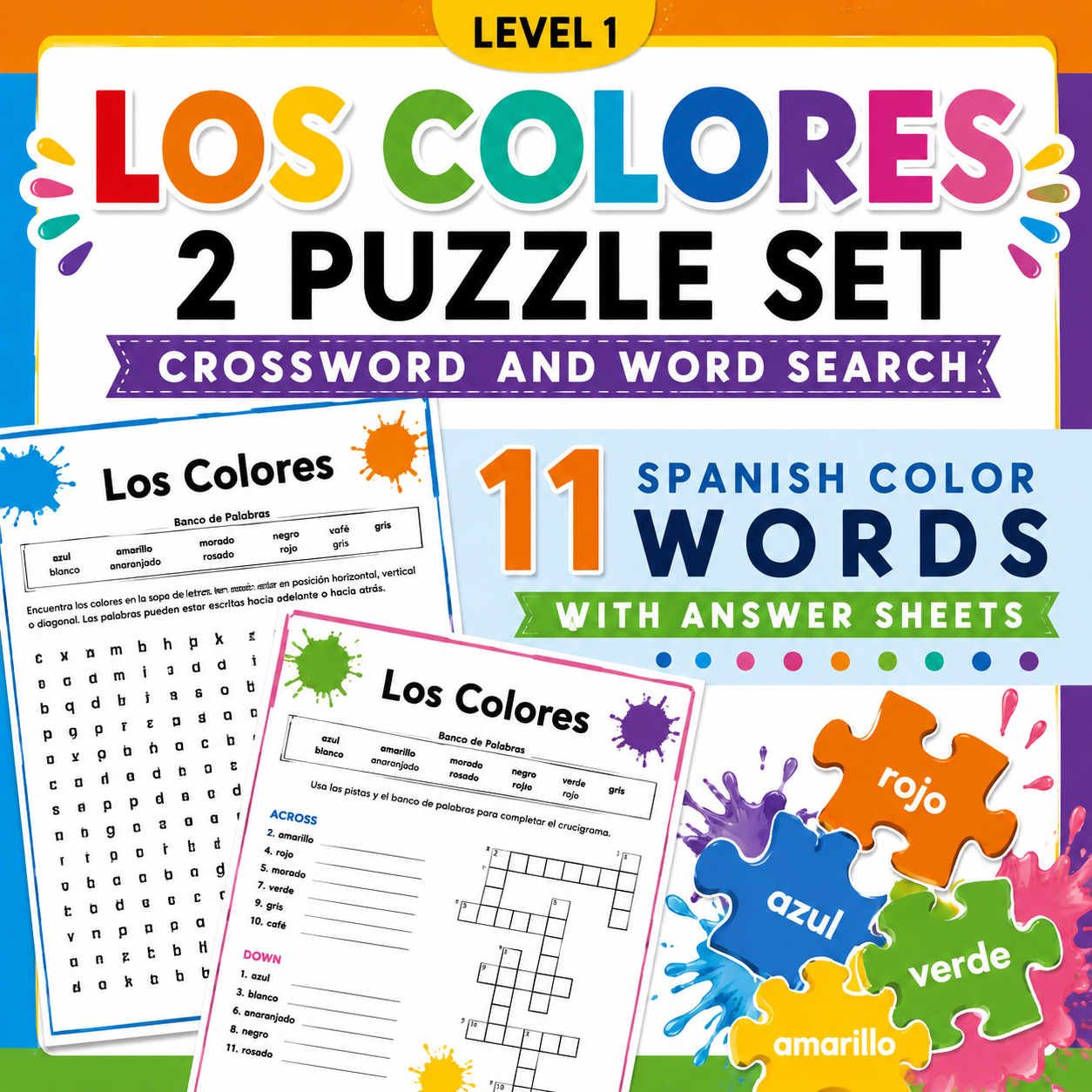 Spanish Colors (Los Colores) | Crossword & Word Search Puzzle Worksheets