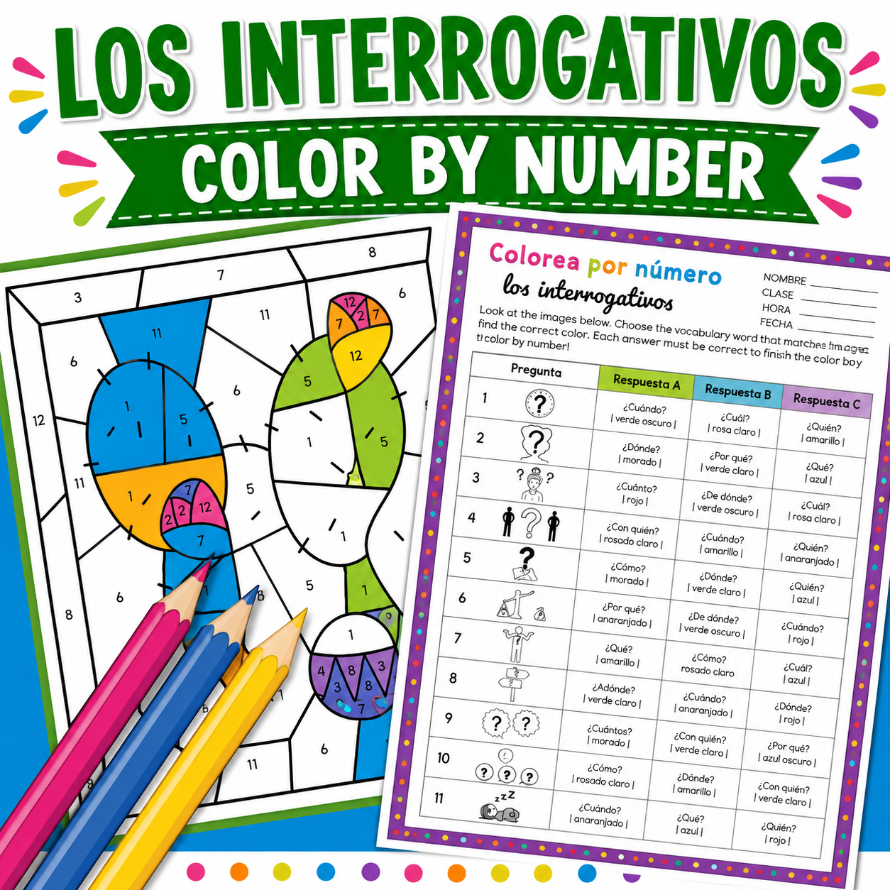 Spanish Interrogatives Activity | Spanish Color by Number Worksheet