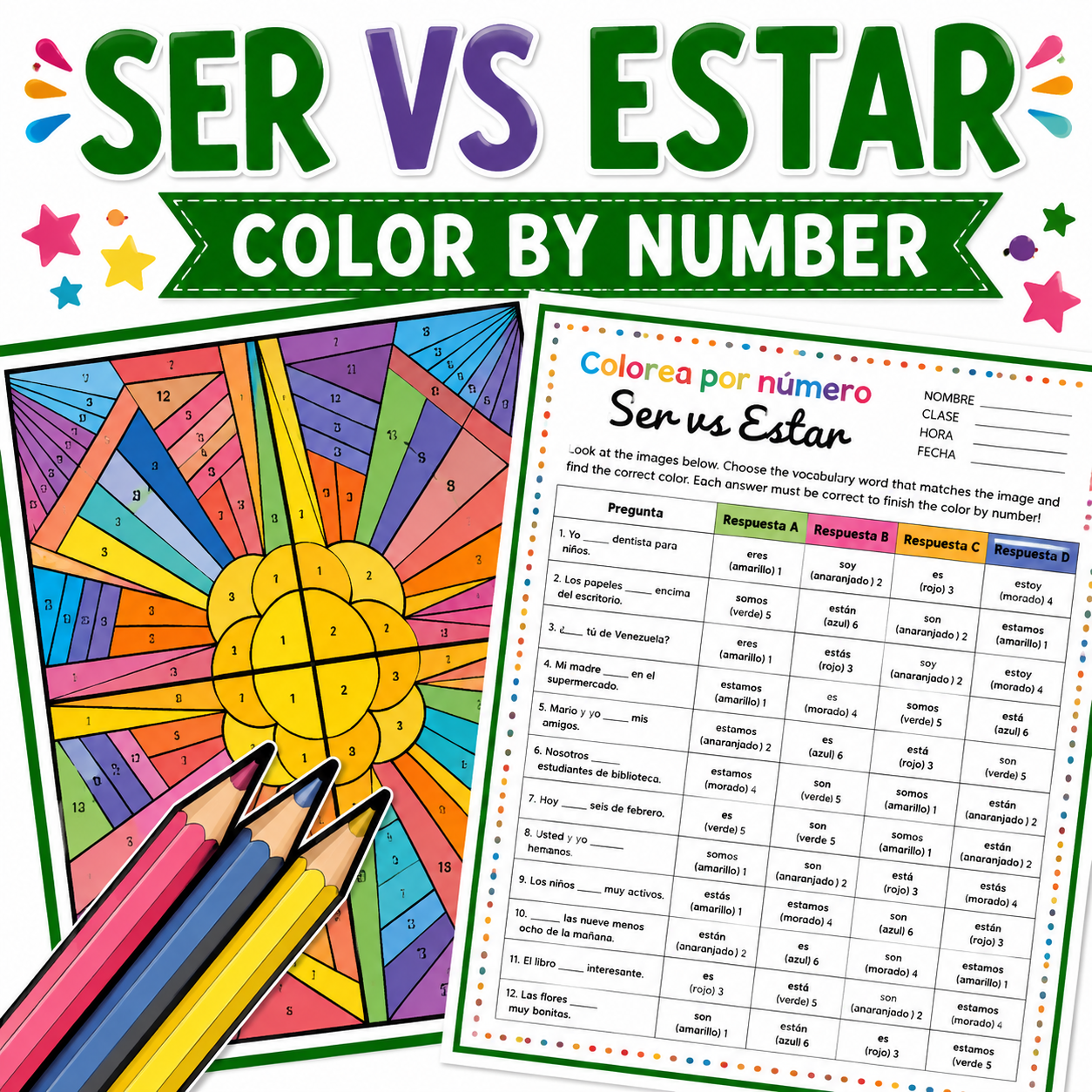 Ser vs. Estar Activity | Spanish 1 Present Tense Color by Number Worksheet