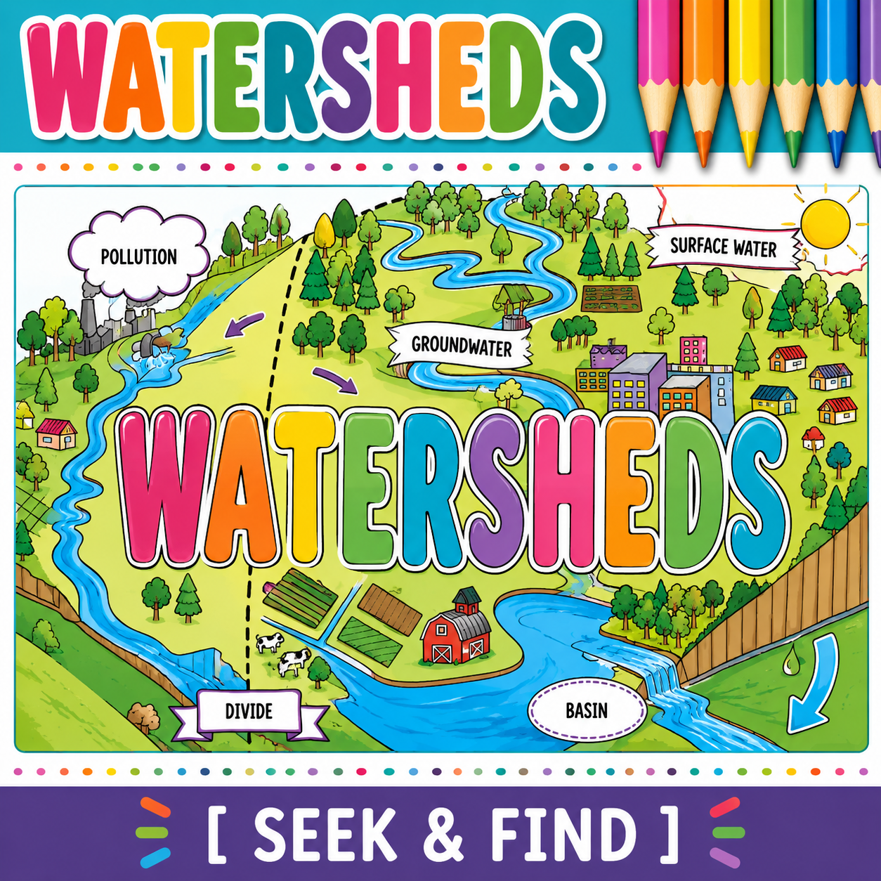 Watersheds Vocabulary Search Activity | Science Seek & Find Doodle Worksheet