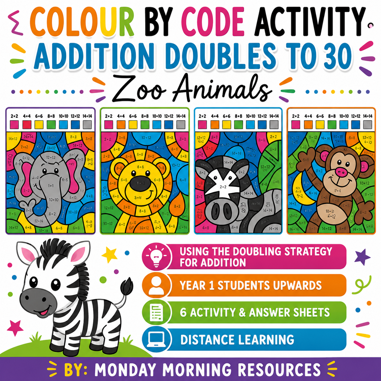 Color by Code Addition Doubles to 30 | Zoo Animals Math Activity & Distance Learning