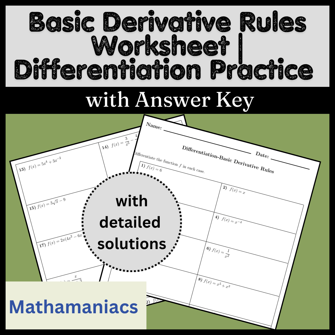 Basic Derivative Rules Worksheet | Differentiation Practice with Answer Key