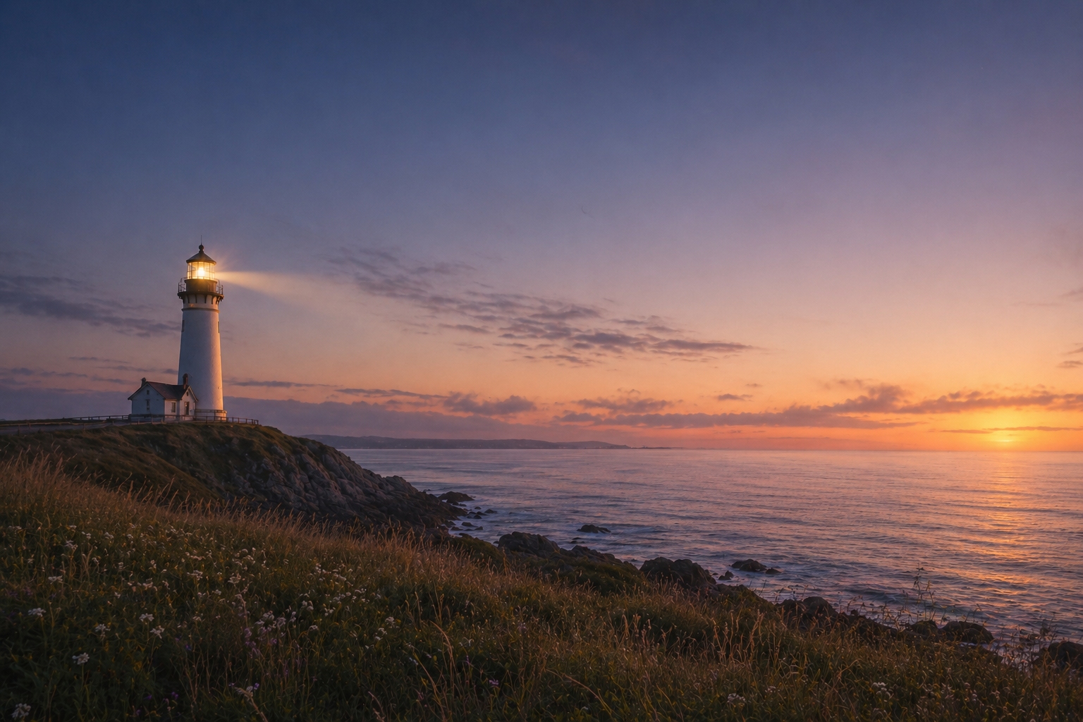 Lighthouse at sunrise overlooking the ocean, symbolizing hope and guidance.