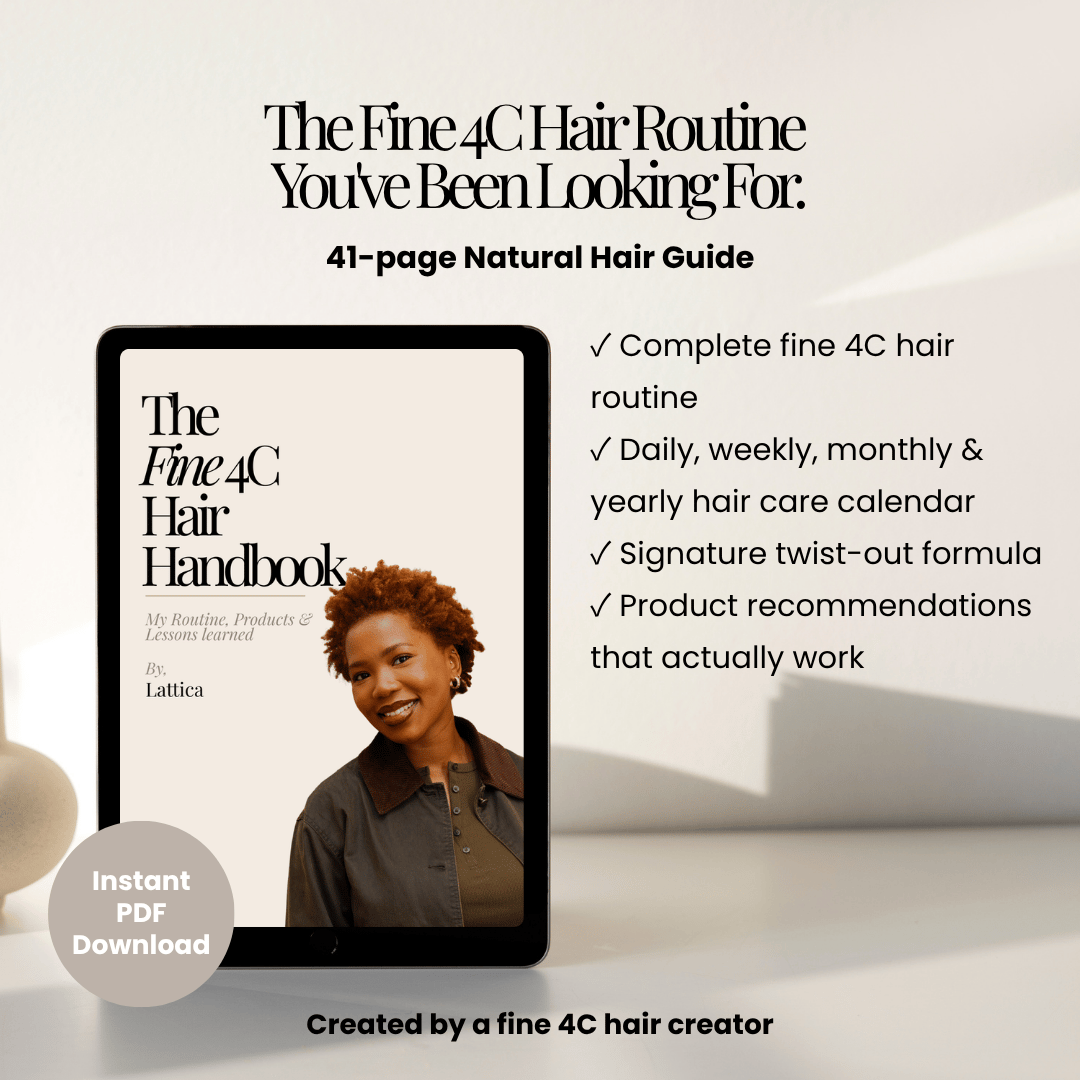The Fine 4C Hair Handbook digital guide displayed on a tablet with preview pages showing a product shelf, hair routine and signature twist-out formula for fine 4C natural hair.
