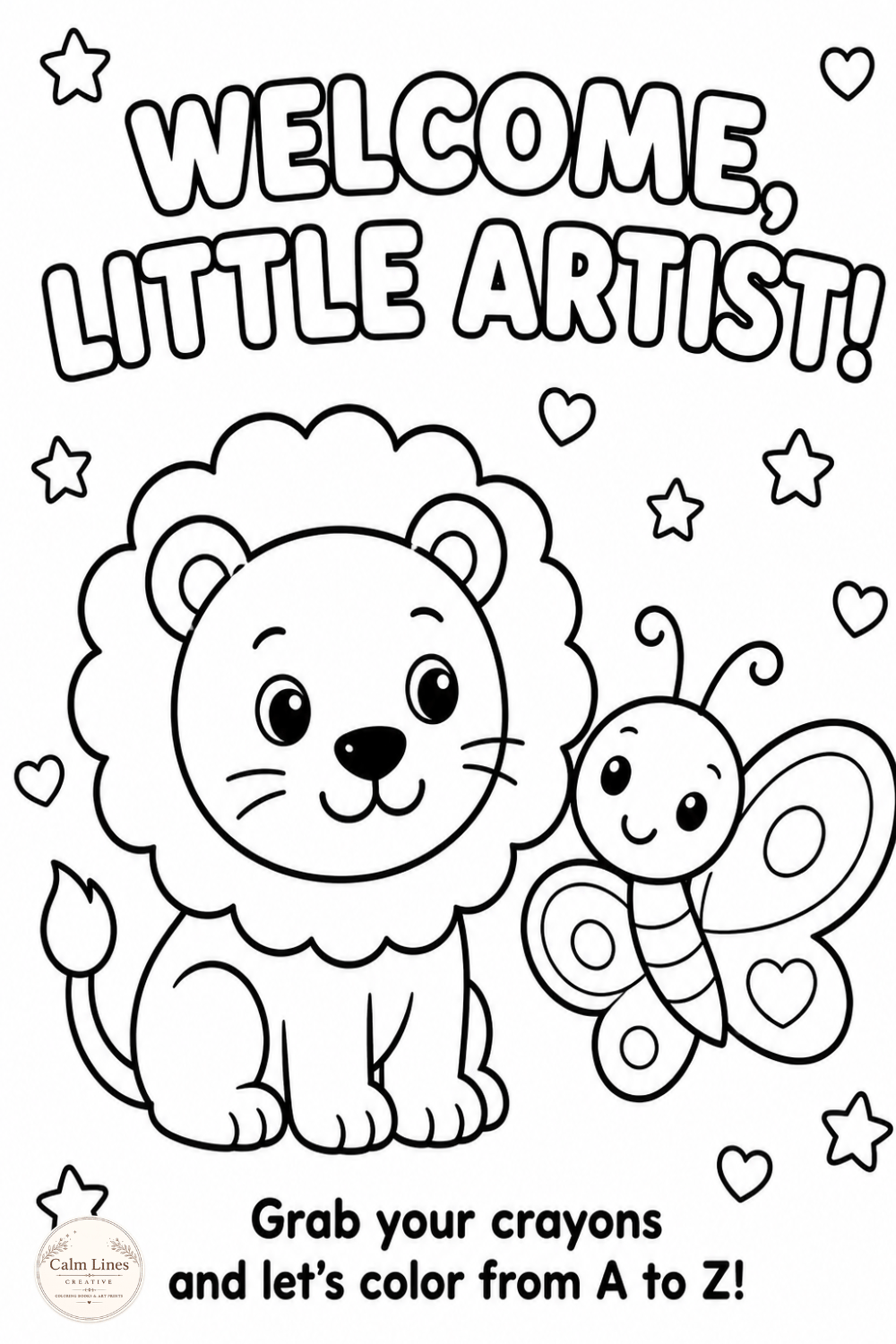 Welcome page for ABC animal coloring book with cute lion and bunny