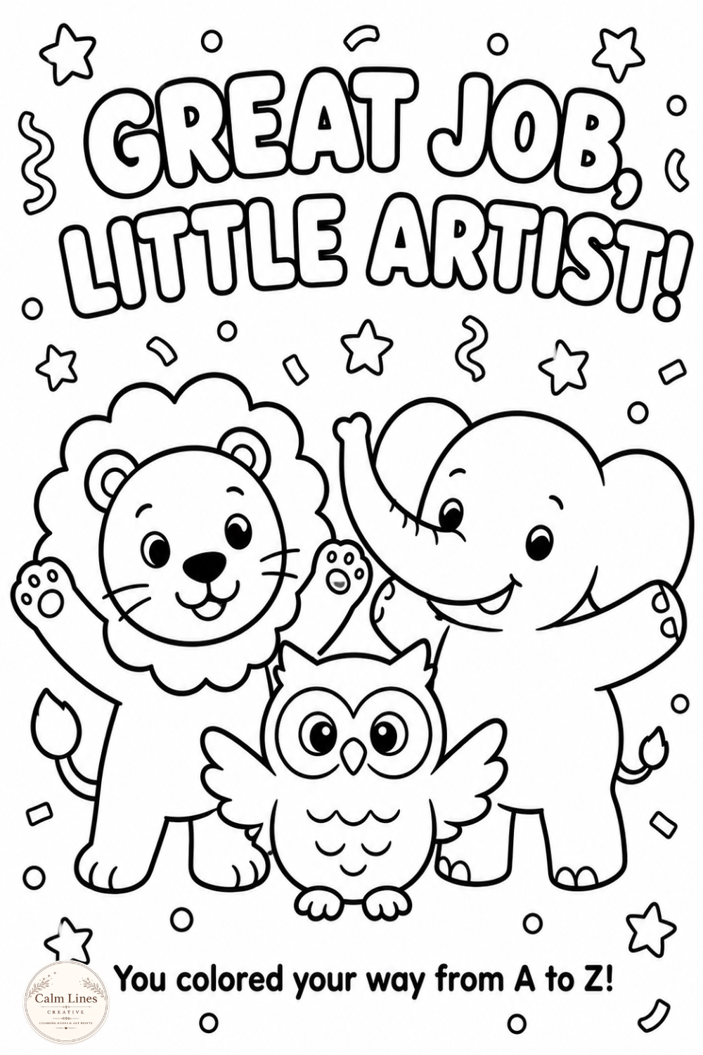 Great job completion page with cute animals for ABC coloring book