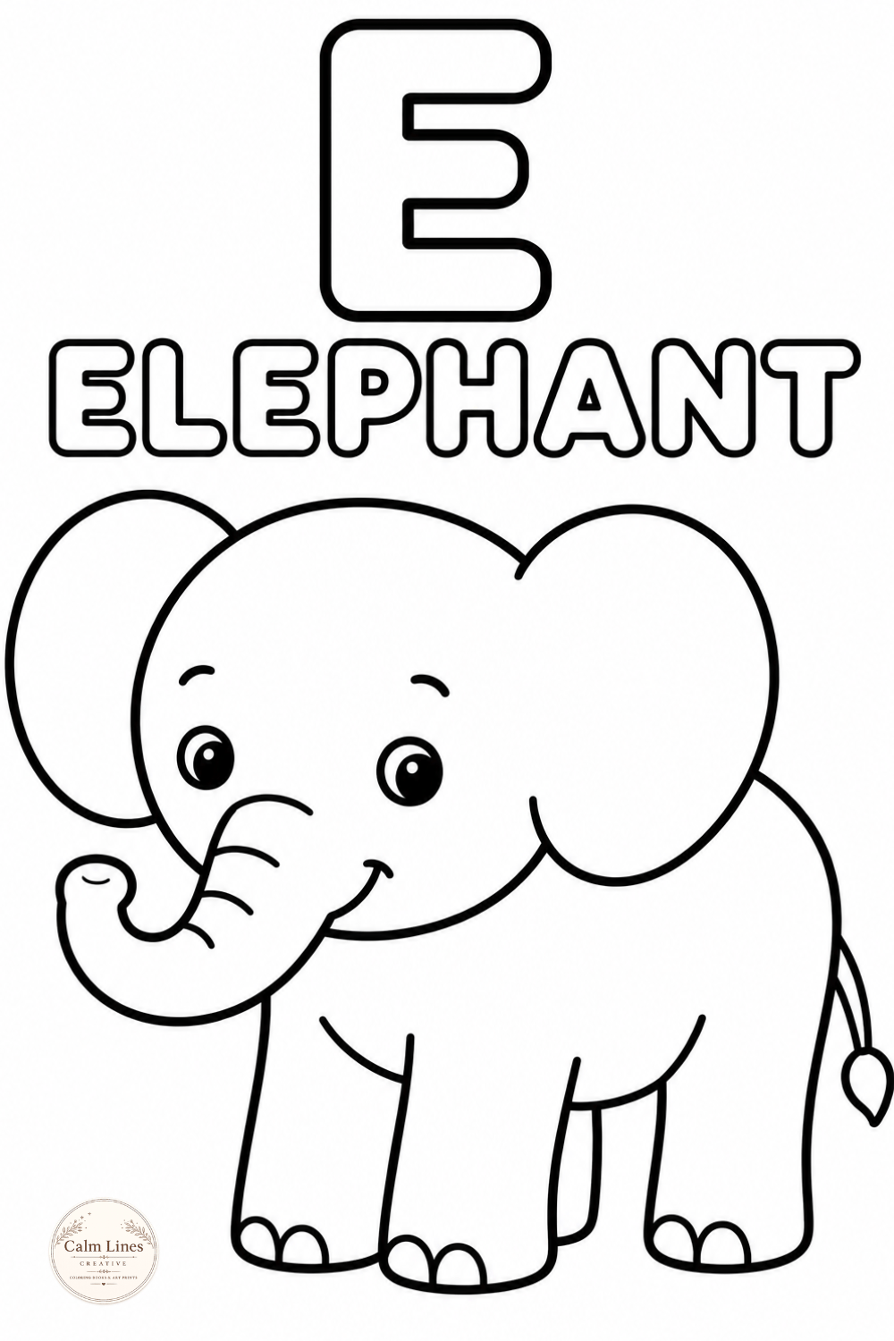 Letter E elephant coloring page for kids with bold outlines