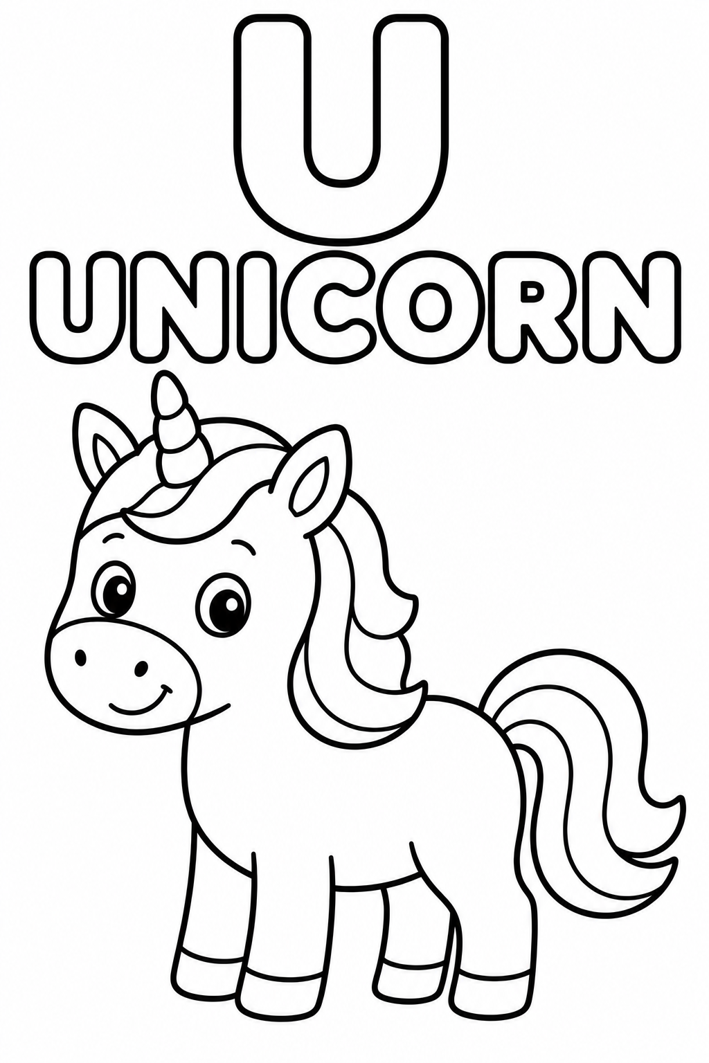 Letter U unicorn coloring page for kids with bold outlines