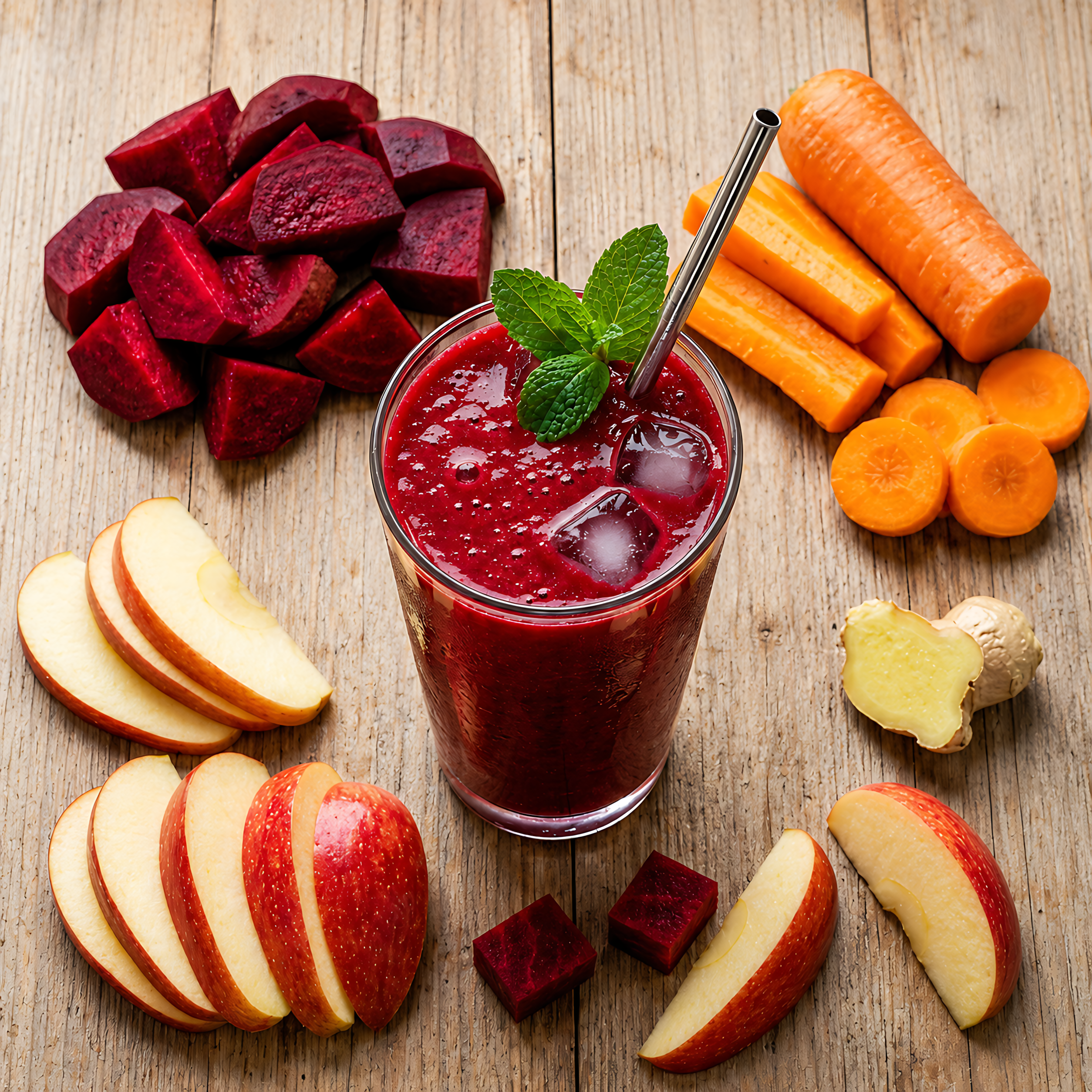 Slideshow image showing a red beetroot and carrot juice from the 20 Iron-Rich Juices for Low Energy and Fatigue cookbook.