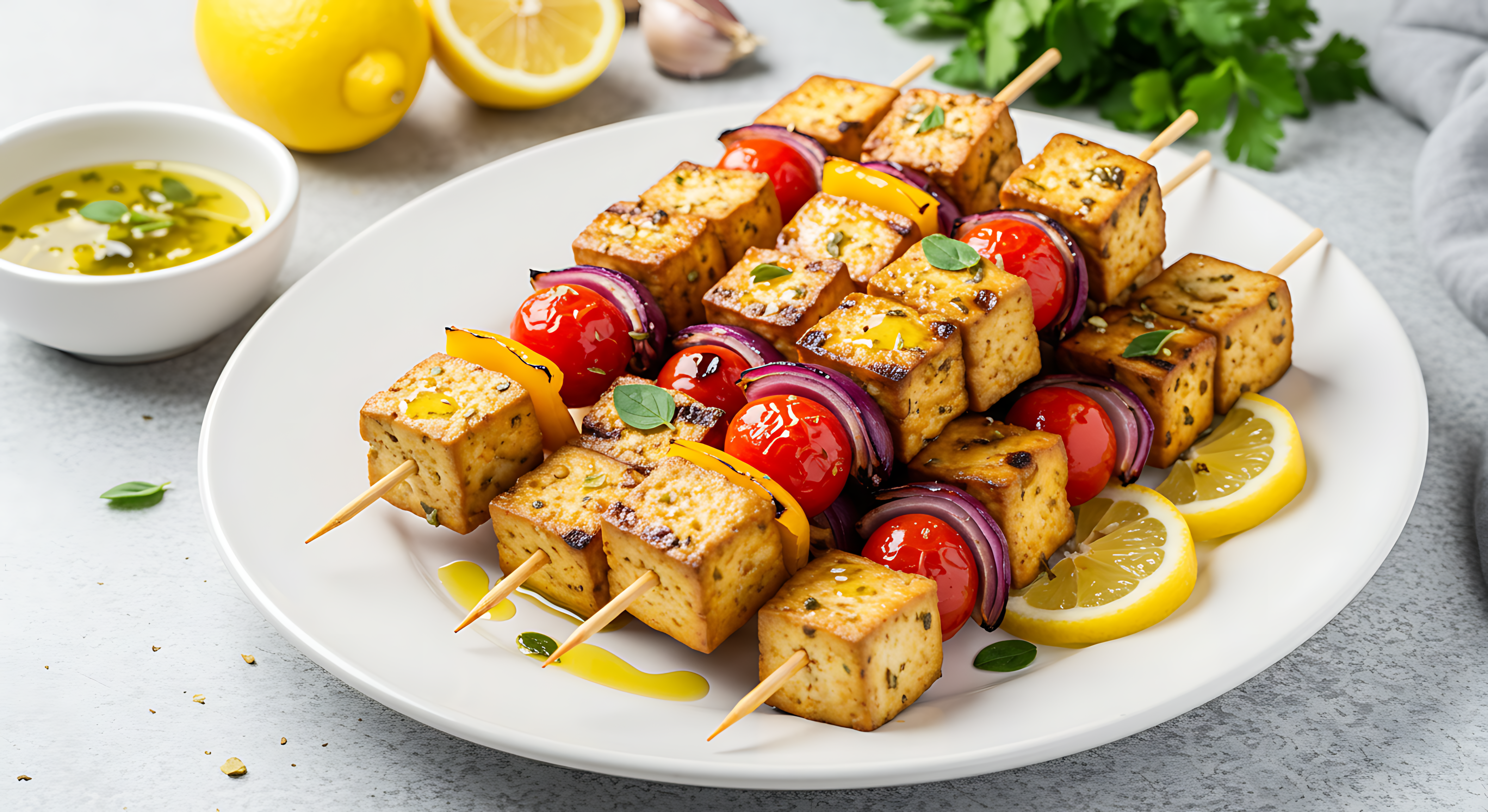 Slideshow banner image showcasing Mediterranean Tofu Skewers with grilled tofu cubes and bell peppers served on a white platter with fresh lemon slices.