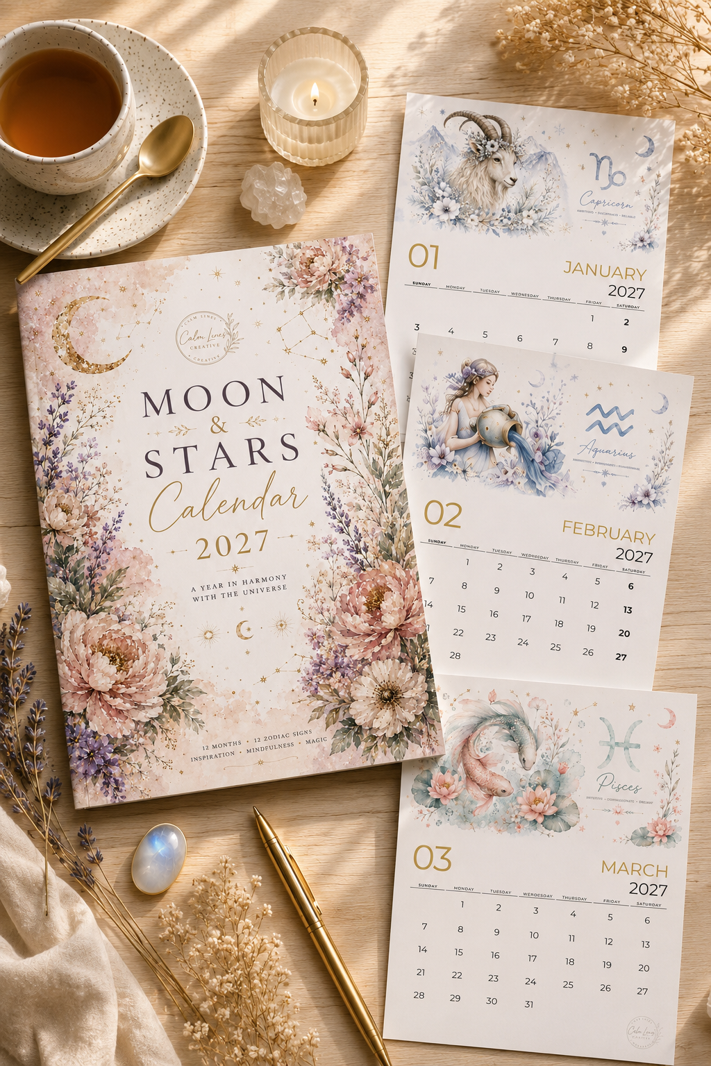 Moon & Stars 2027 printable astrology calendar with multiple zodiac monthly pages displayed on a styled desk.