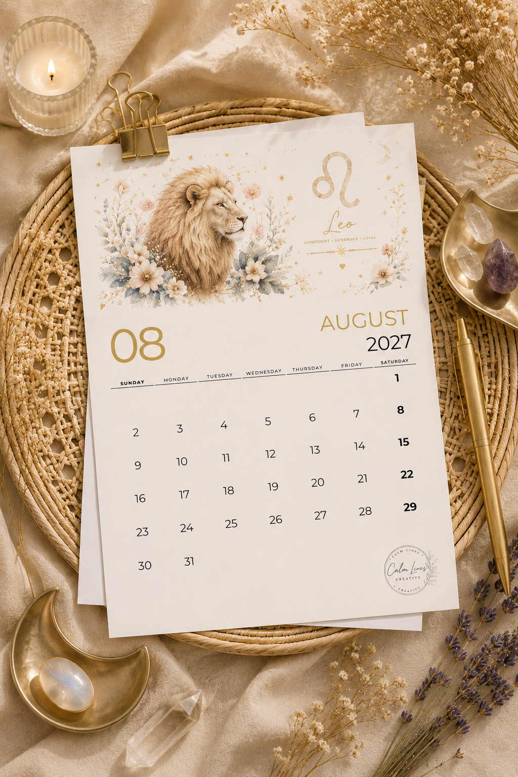 Printable 2027 zodiac calendar monthly page in A4 format with elegant astrology-inspired watercolor design.