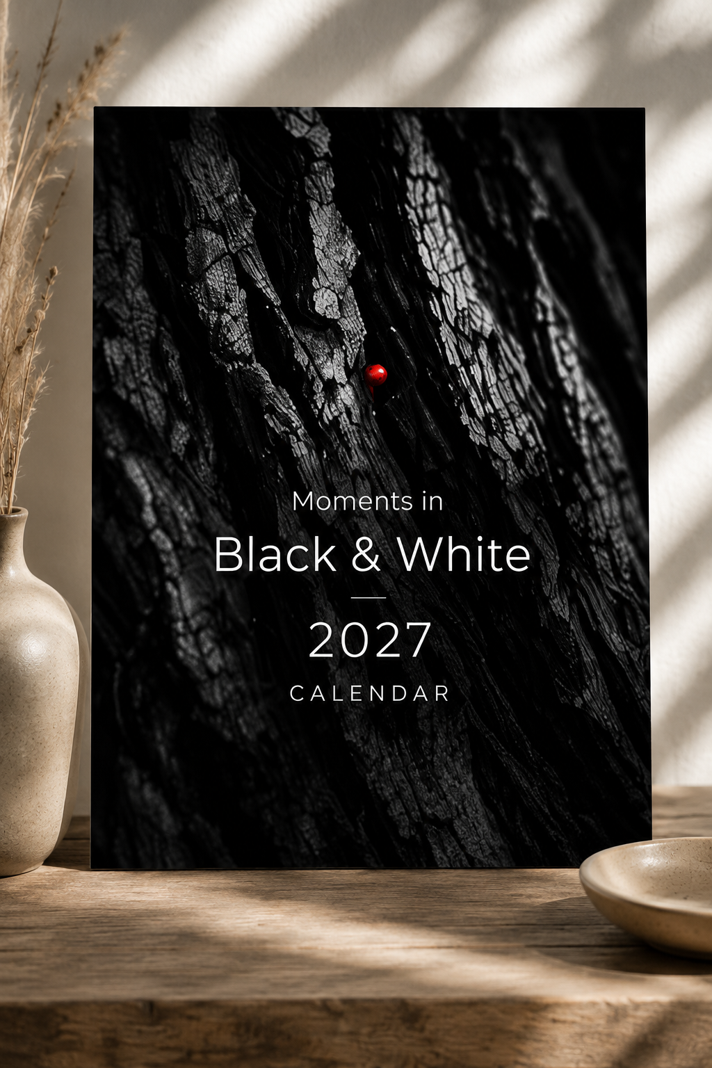 Lifestyle mockup showing the Moments in Black & White 2027 printable wall calendar in a modern home setting.