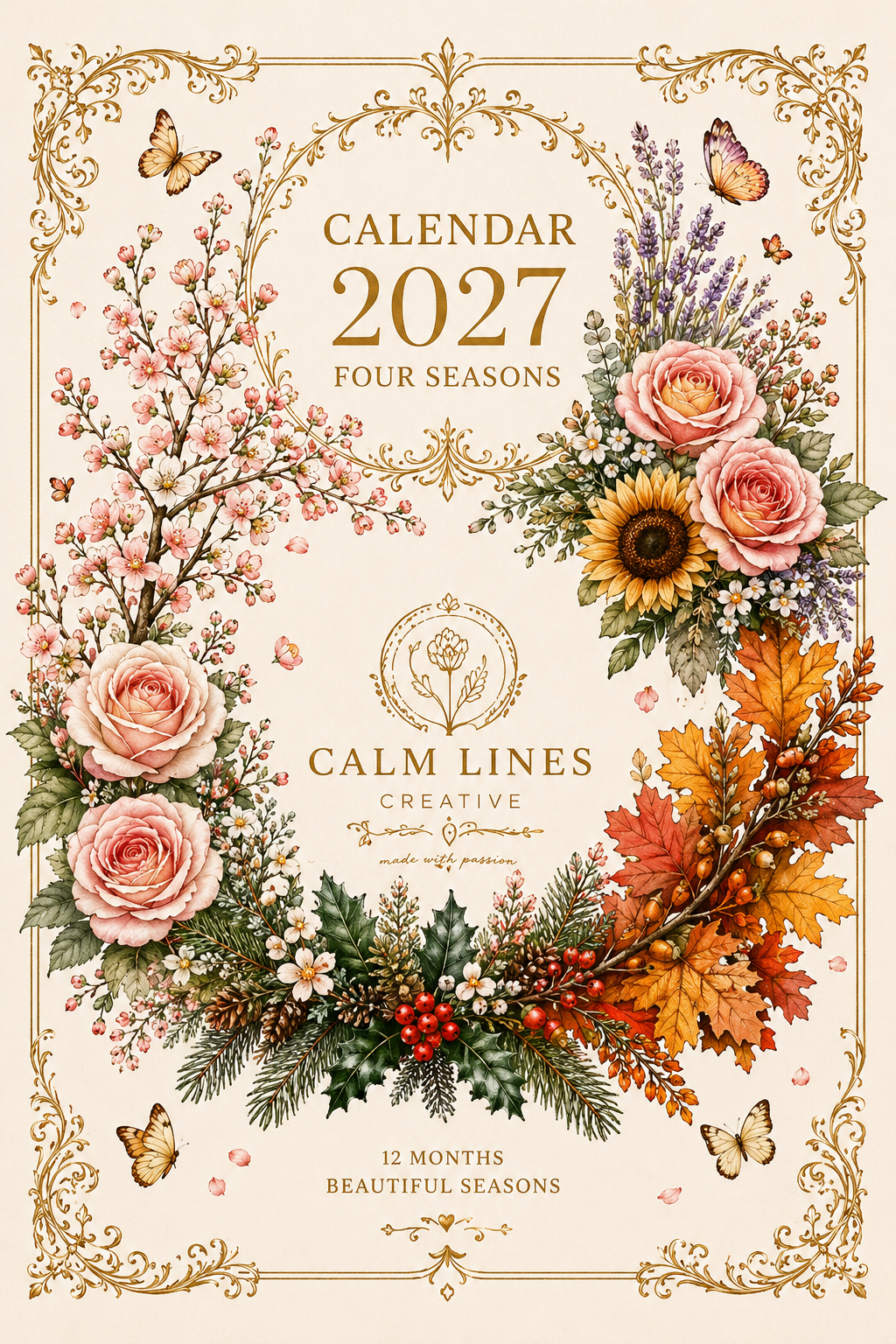 Printable Four Seasons Botanical Wall Calendar 2027 cover with elegant seasonal botanical artwork.