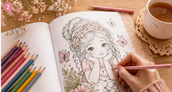 Person coloring a cute printable coloring page from the Cozy Coloring Book with colored pencils in a warm cozy workspace.