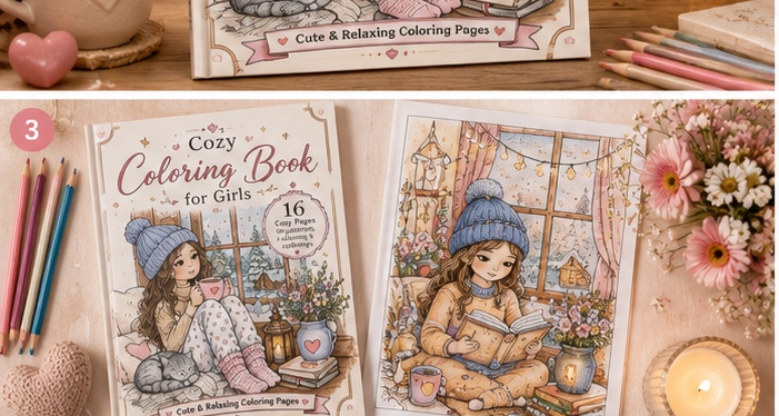 Cozy Coloring Book with completed coloring page preview showing cute girls, cozy illustrations and printable coloring pages for girls and teens.