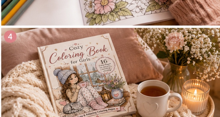 Cozy Coloring Book displayed on a blanket with tea and candles, creating a warm relaxing atmosphere for coloring and self-care.