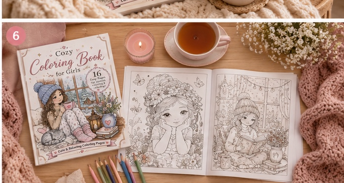 Open Cozy Coloring Book showing printable coloring pages with cute girls and relaxing illustrations in a cozy home setting.