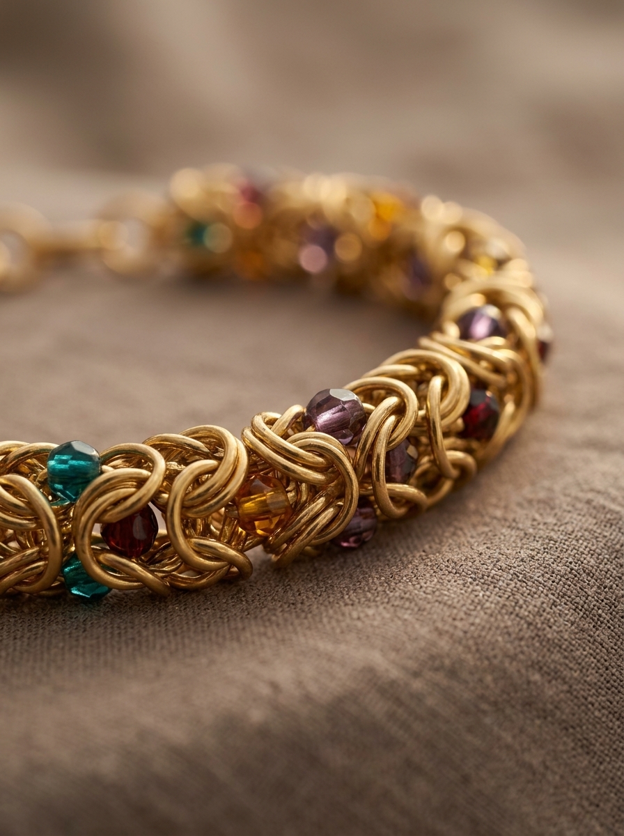 Close-up of a handmade beaded chain mail bracelet featuring Byzantine weave metal rings interlaced with colorful glass beads.