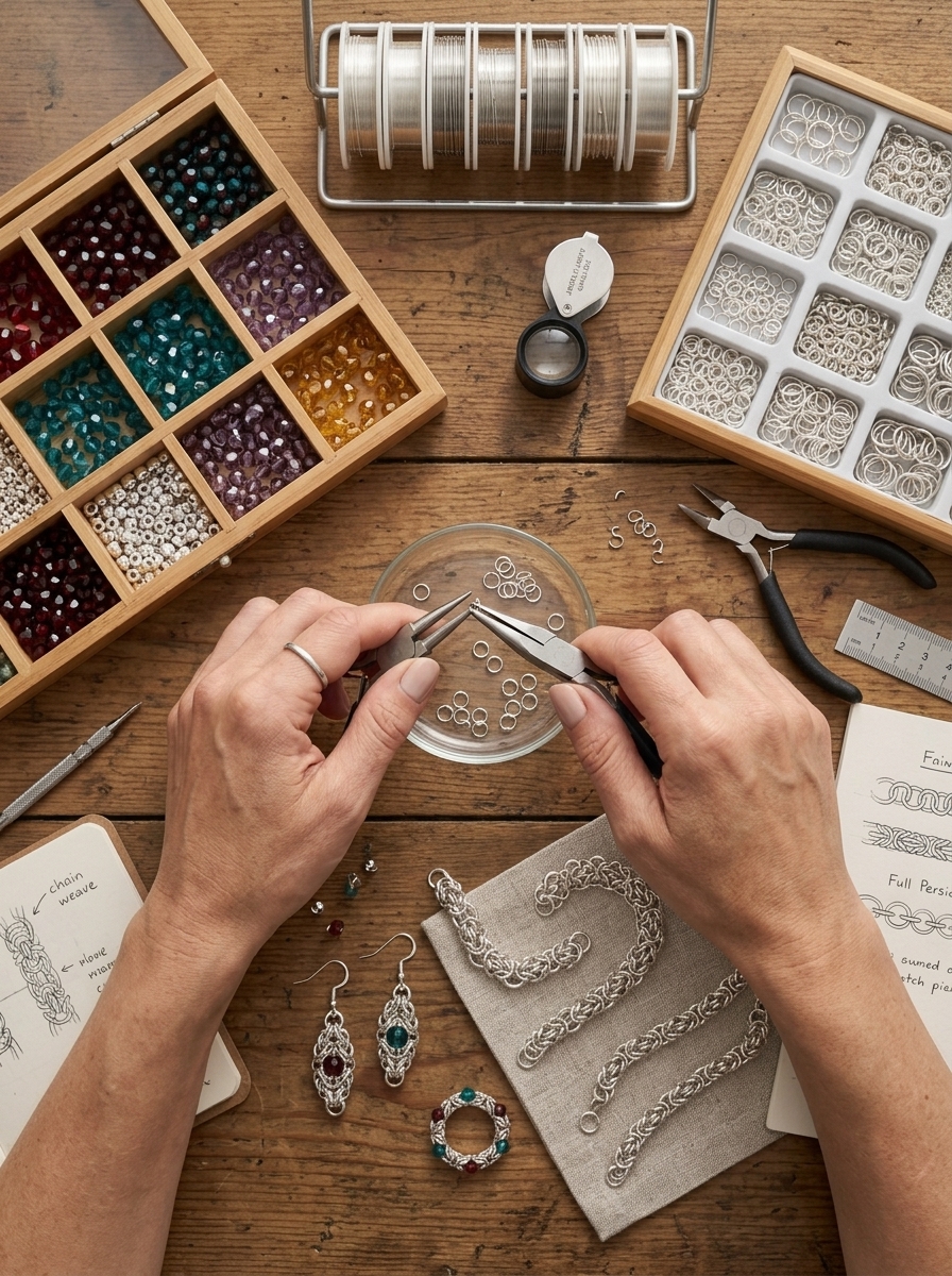Overhead view of a crafter's hands weaving chain mail jewelry with pliers, beads, and jump rings arranged on a workspace.