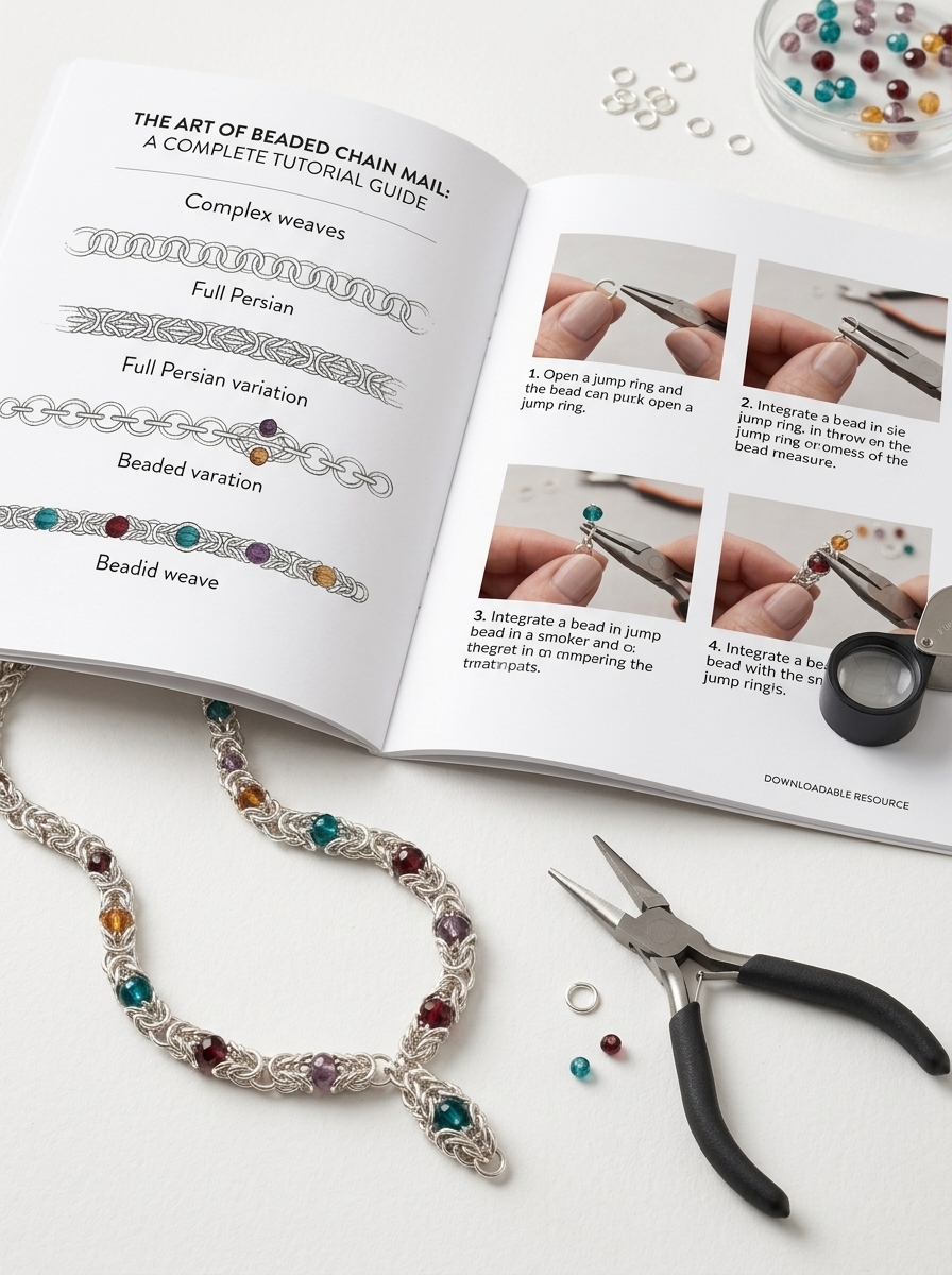 Instructional jewelry-making guide displayed beside a finished beaded chain mail necklace and crafting tools, promoting a downloadable tutorial.