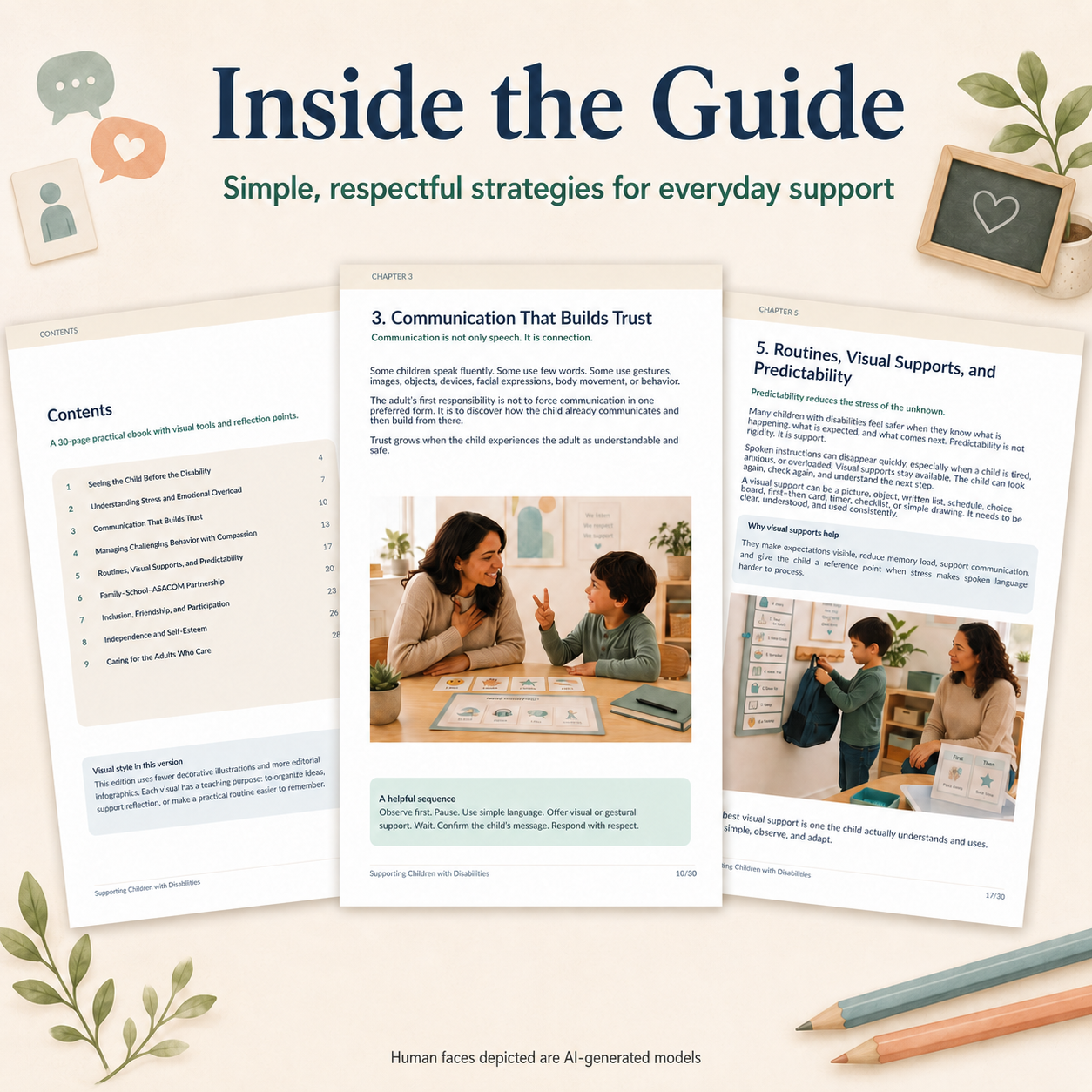 Preview of a disability support PDF guide with communication routines and classroom strategies