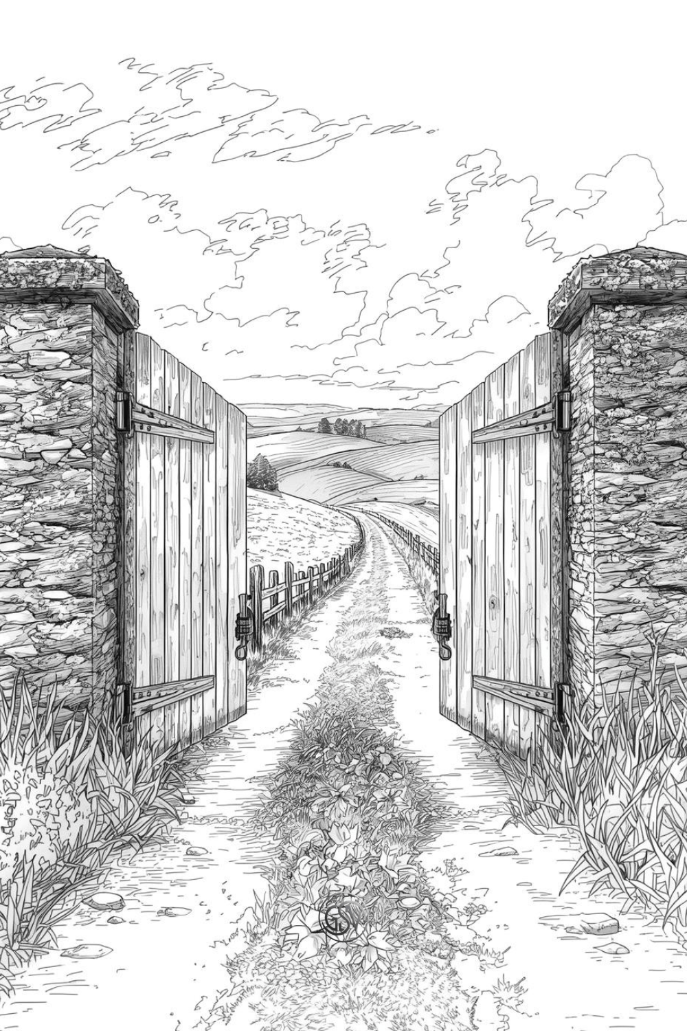 Open wooden gate leading to a countryside path between hills