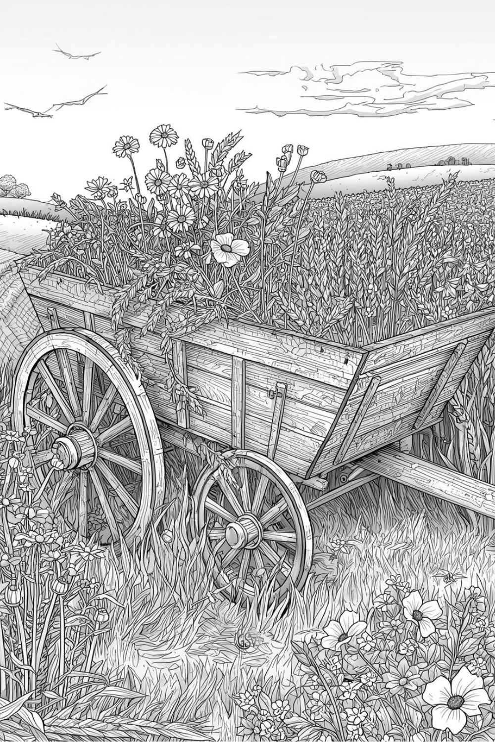 Old wooden cart filled with wildflowers in a grain field