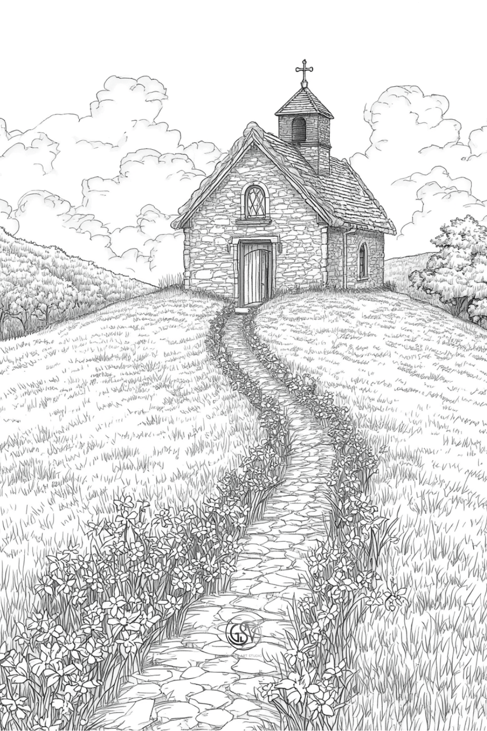 Little stone chapel on a hill with a flower-lined path