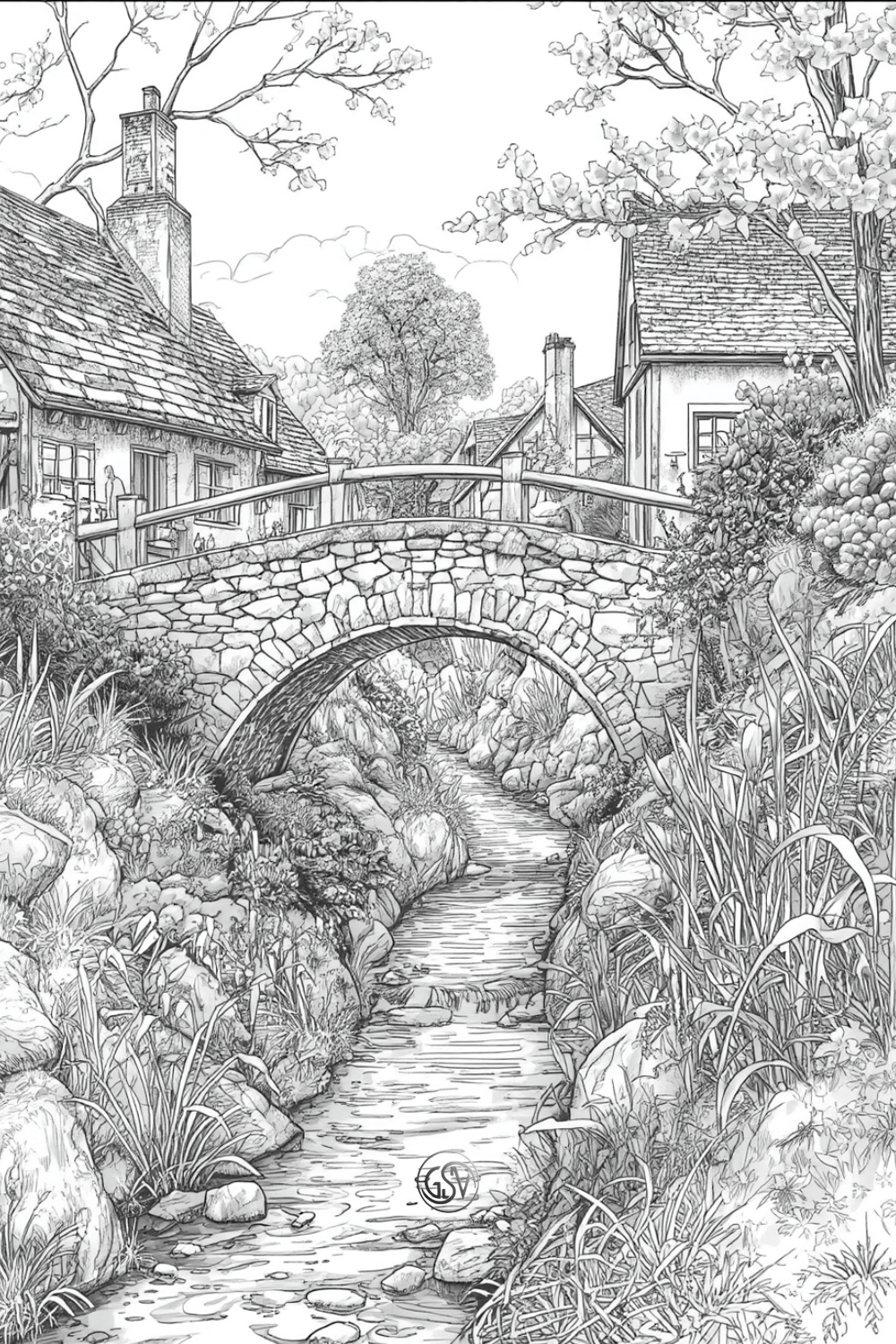 Stone bridge over a small stream between thatched-roof cottages