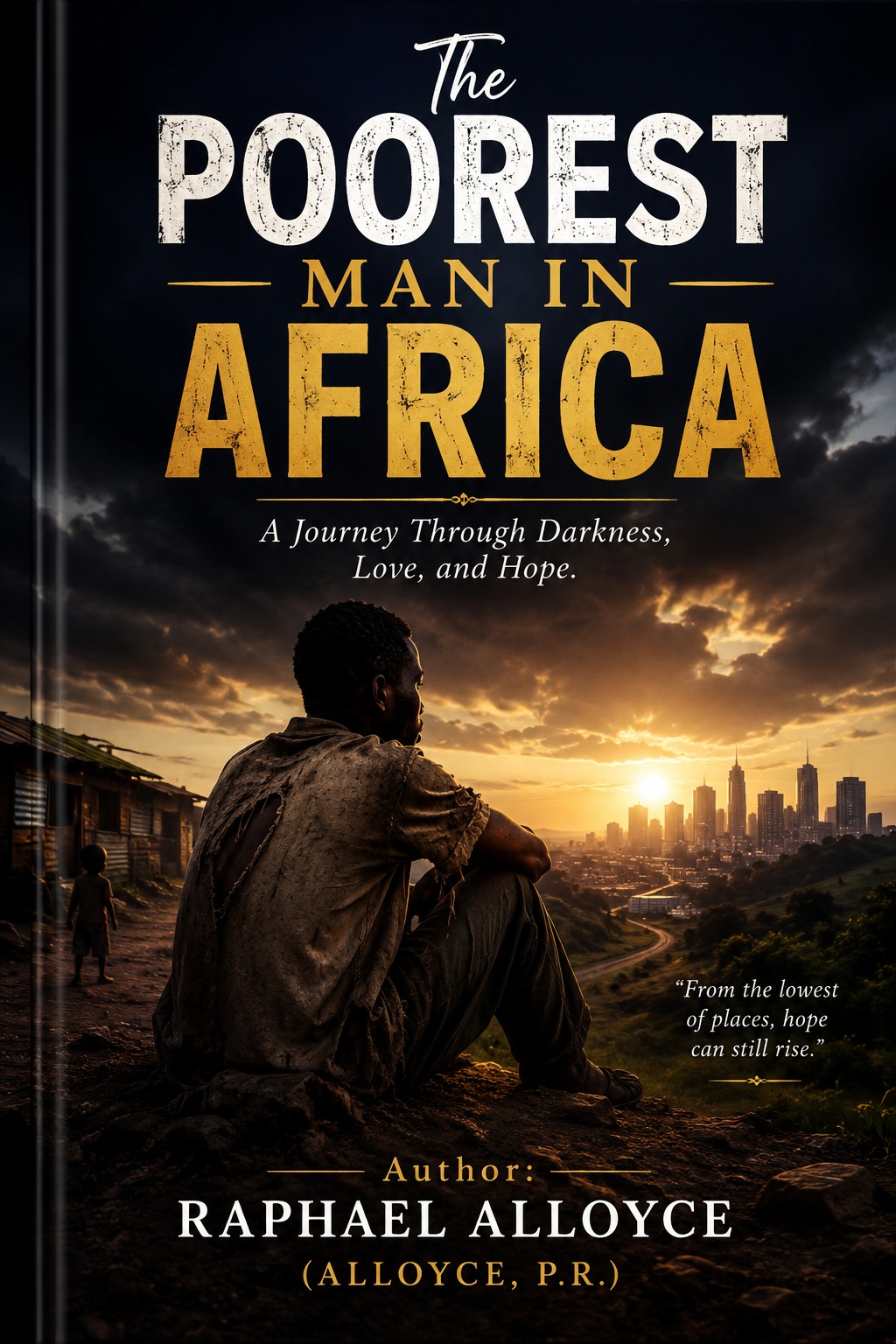 Book cover of The Poorest Man in Africa by Raphael Alloyce, featuring a man in worn clothing overlooking a modern city at sunrise, symbolizing hope, resilience, and overcoming poverty.