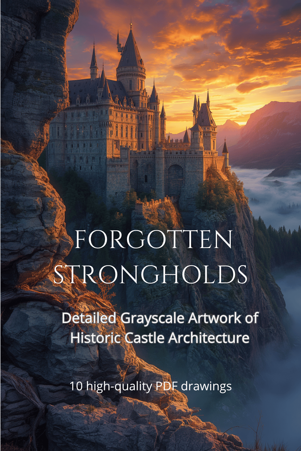 Full-color book cover for "Forgotten Strongholds". Features a majestic medieval castle on a steep cliff during a golden sunset, with warm amber light on towers and cool blue fog in the valley.