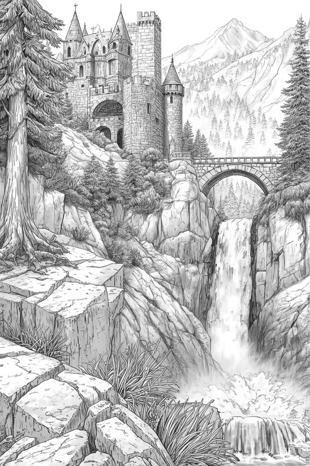 Grayscale coloring page of an ancient castle built on a steep cliff next to a rushing waterfall, with a stone bridge, detailed pine trees, and a mountain landscape.