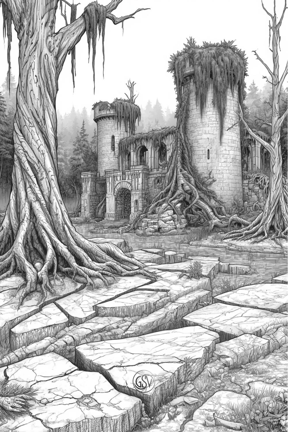 Grayscale coloring page of an overgrown, ruined medieval castle in a swamp, with massive round towers covered in vines and ancient gnarled tree roots in the foreground.