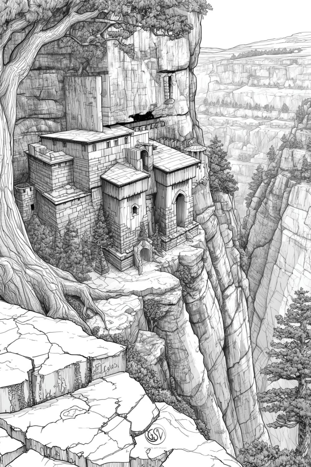 Grayscale coloring page of a stone fortress carved directly into a steep canyon cliff, featuring dramatic rock strata, narrow gorges, and a large gnarled pine tree.