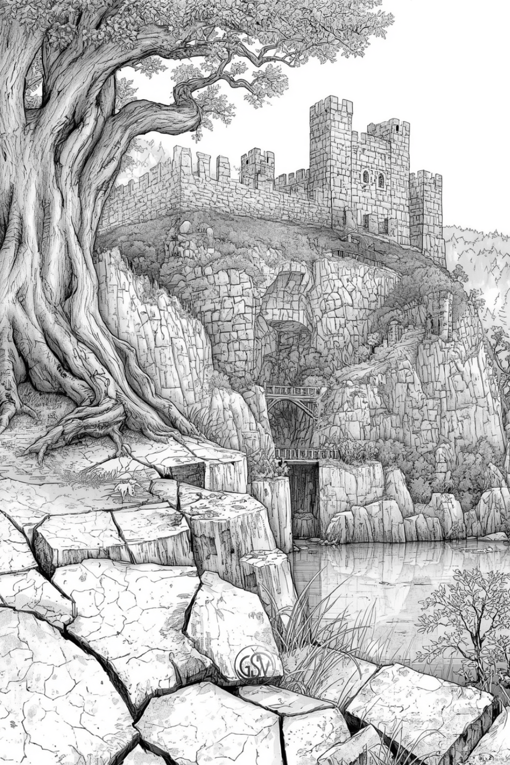 Grayscale coloring page of a massive English-style castle with square towers on top of a rocky hill, overlooking a calm water moat with a huge ancient tree in the foreground.